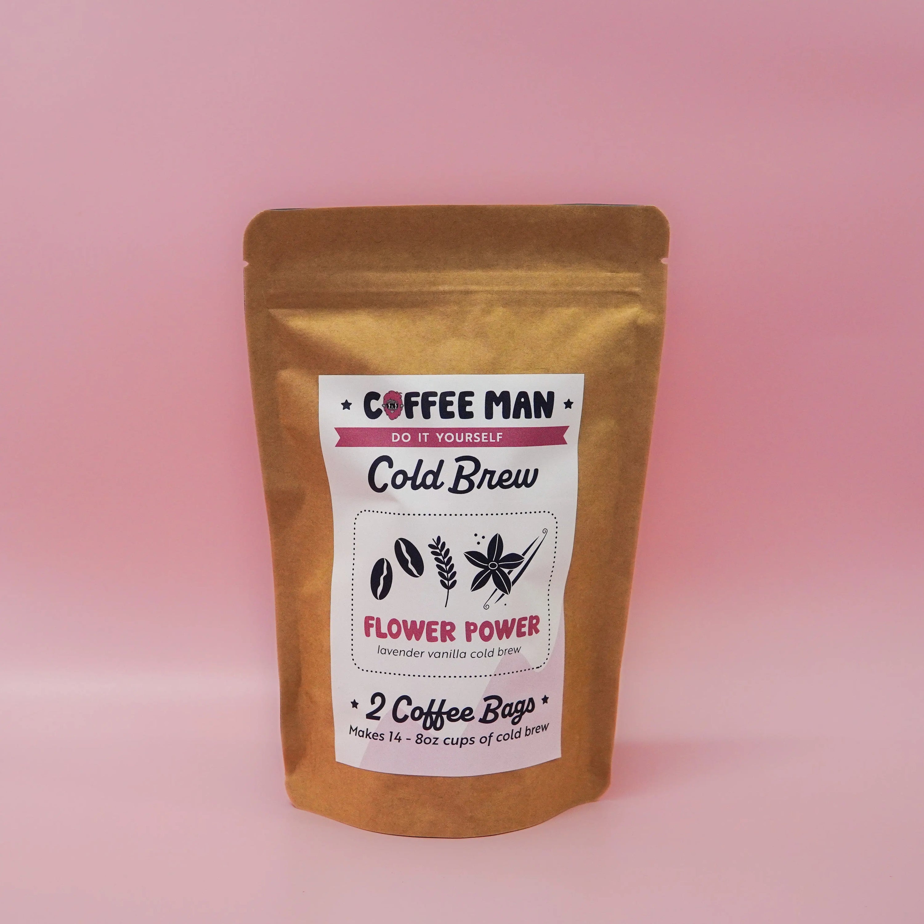 brown bag with a white label full of flavored cold brew grounds