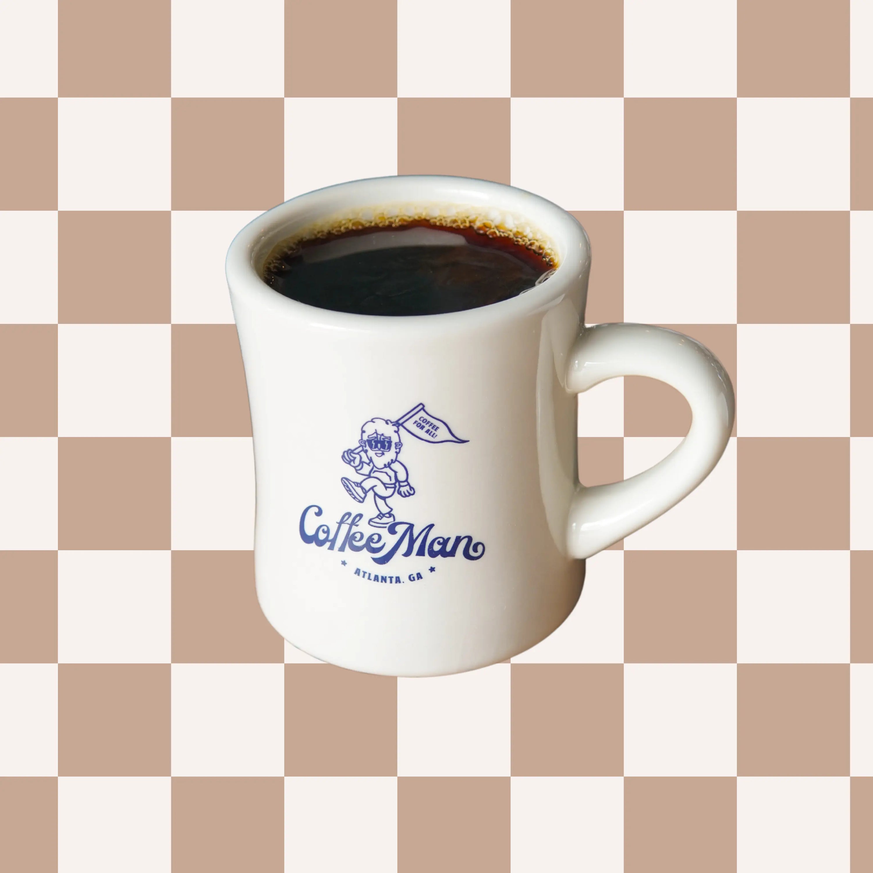 white retro-style diner mug with navy blue doodles for an atlanta coffee shop