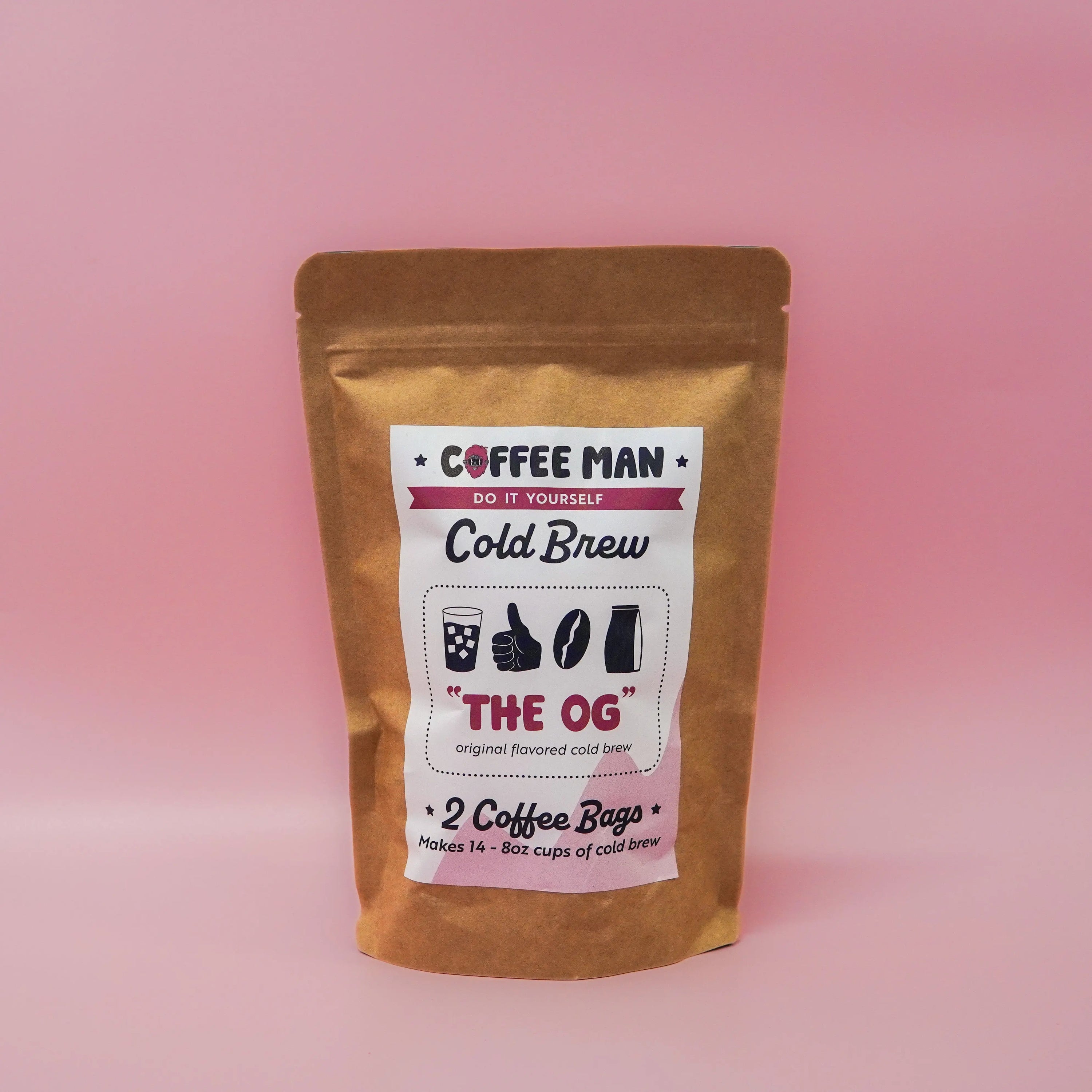brown bag with a white label full of cold brew grounds
