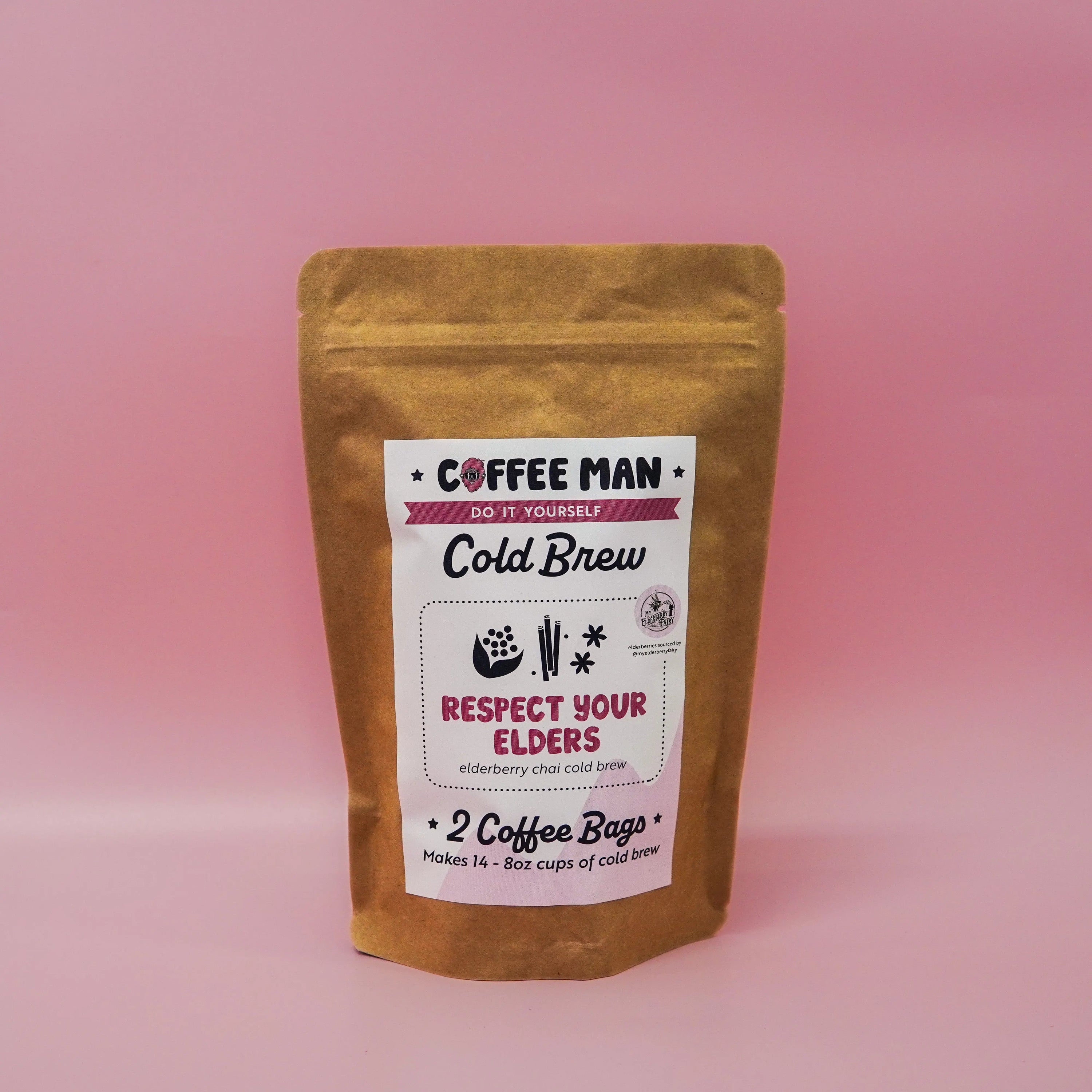 brown bag with a white label full of flavored cold brew grounds
