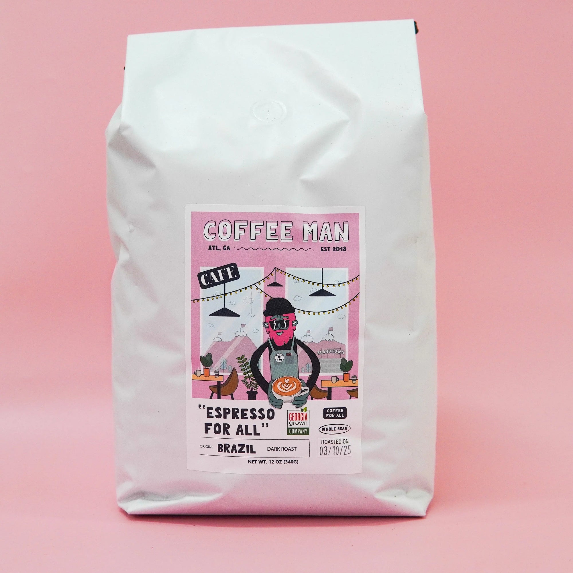 five pound white Brazilian coffee bag with colorful doodles of a cartoon on the label