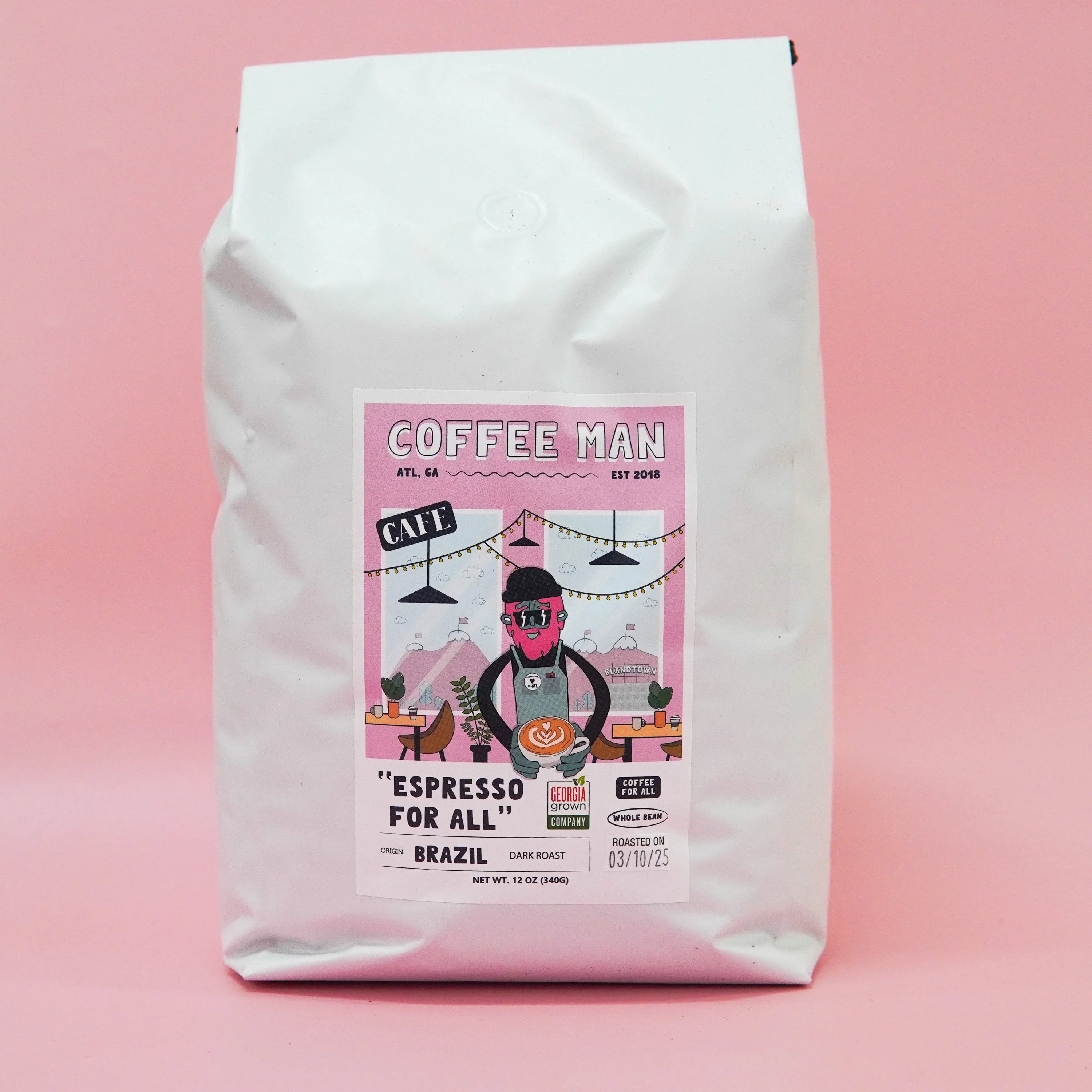 five pound white Brazilian coffee bag with colorful doodles of a cartoon on the label