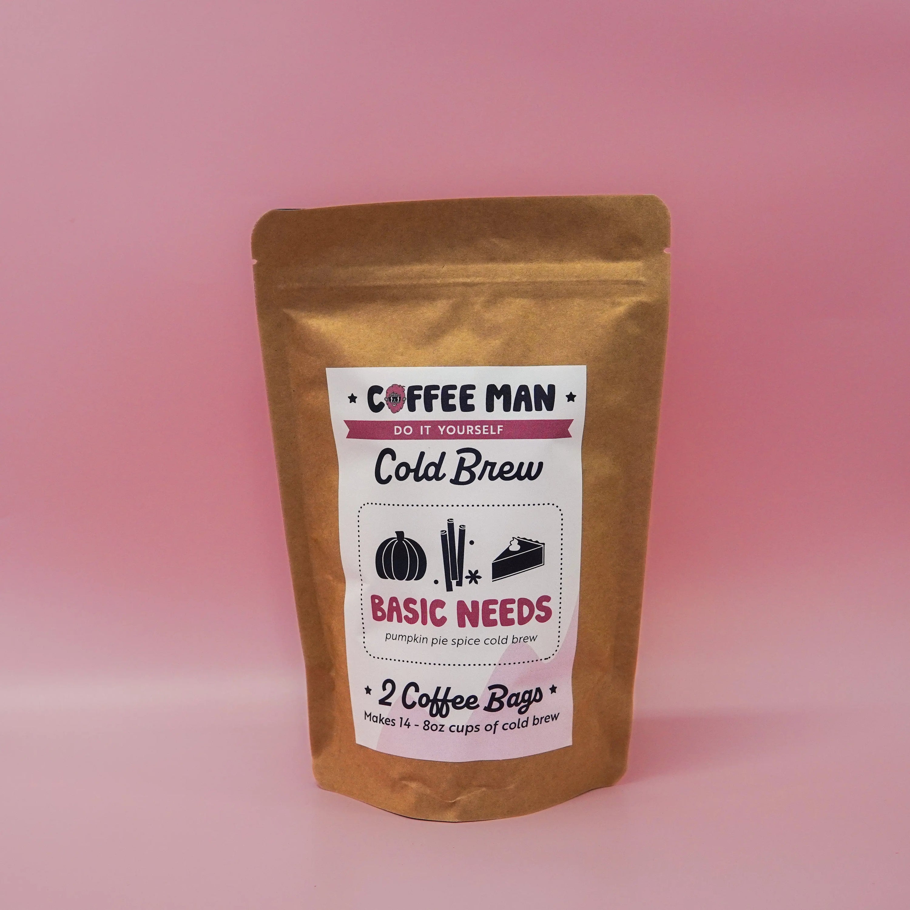 brown bag with a white label full of cold brew ground