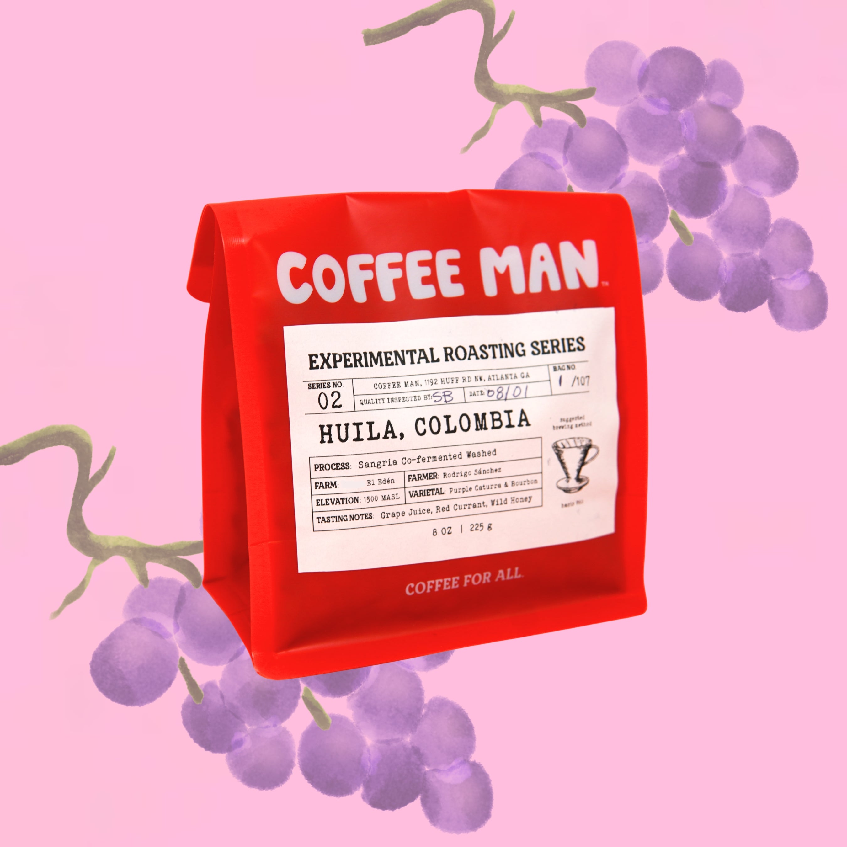Red coffee bag labeled 'Coffee Man' with grapes on a pink background