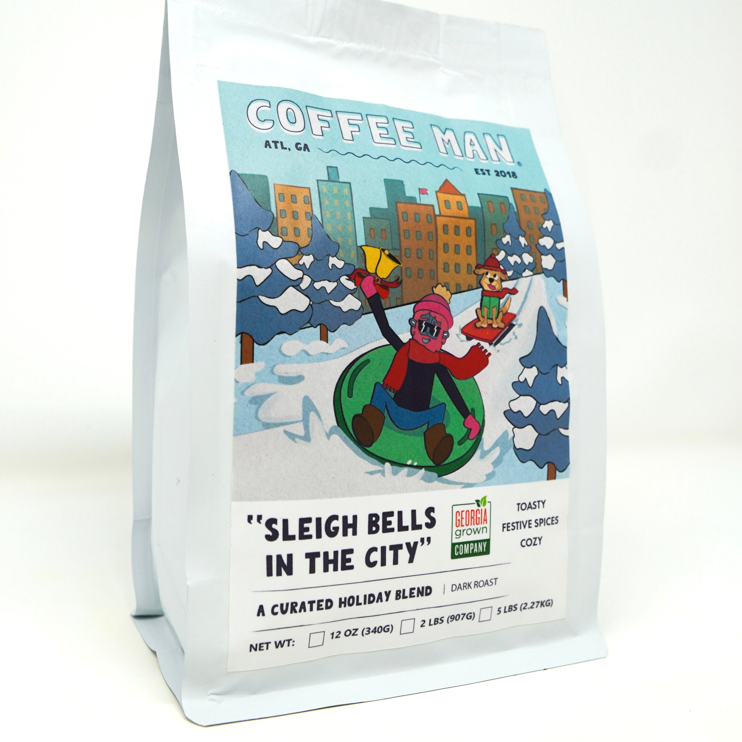 Coffee bag with 'Sleigh Bells in the City' design on a white background