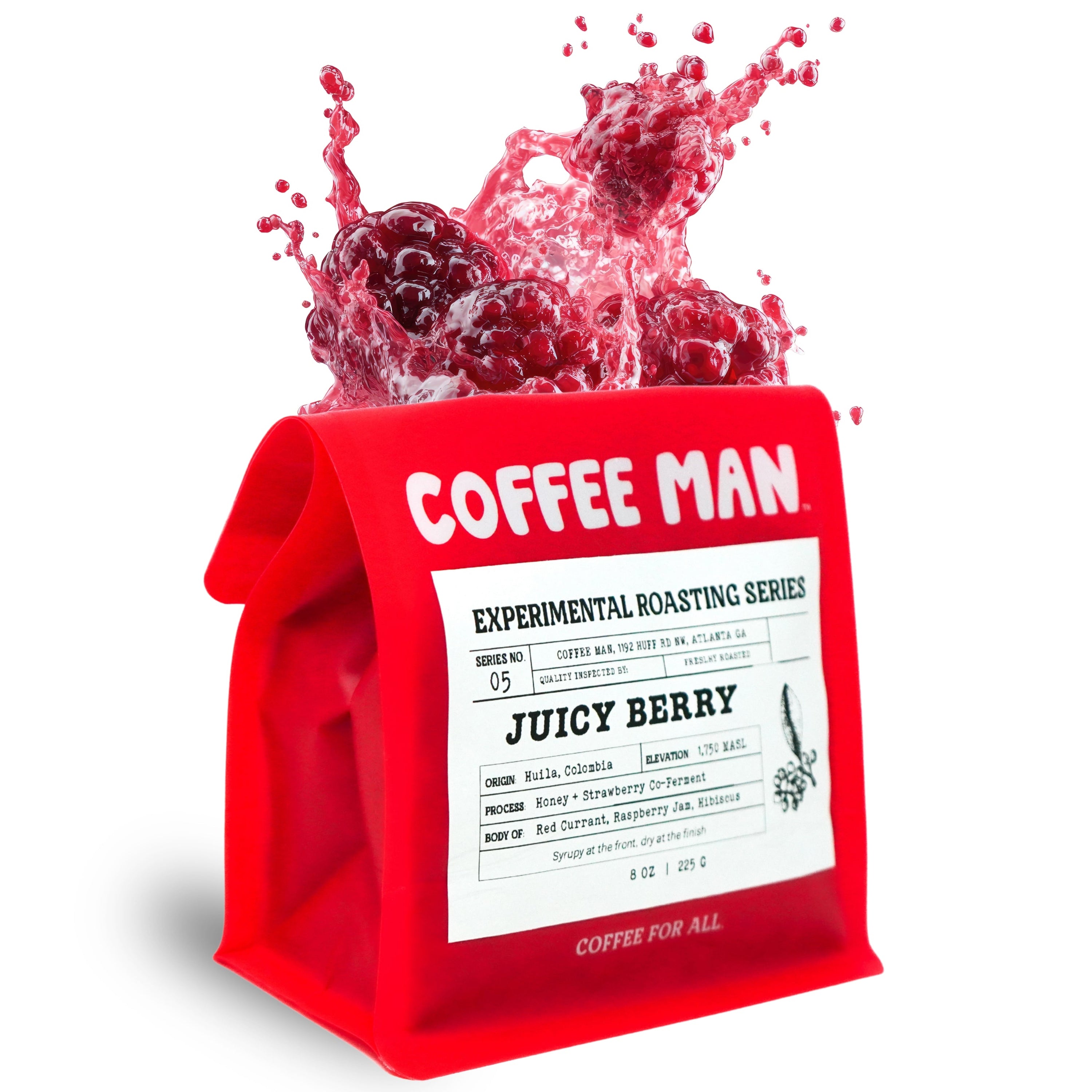 Red coffee bag labeled 'Coffee Man' with a splash of berries on a white background