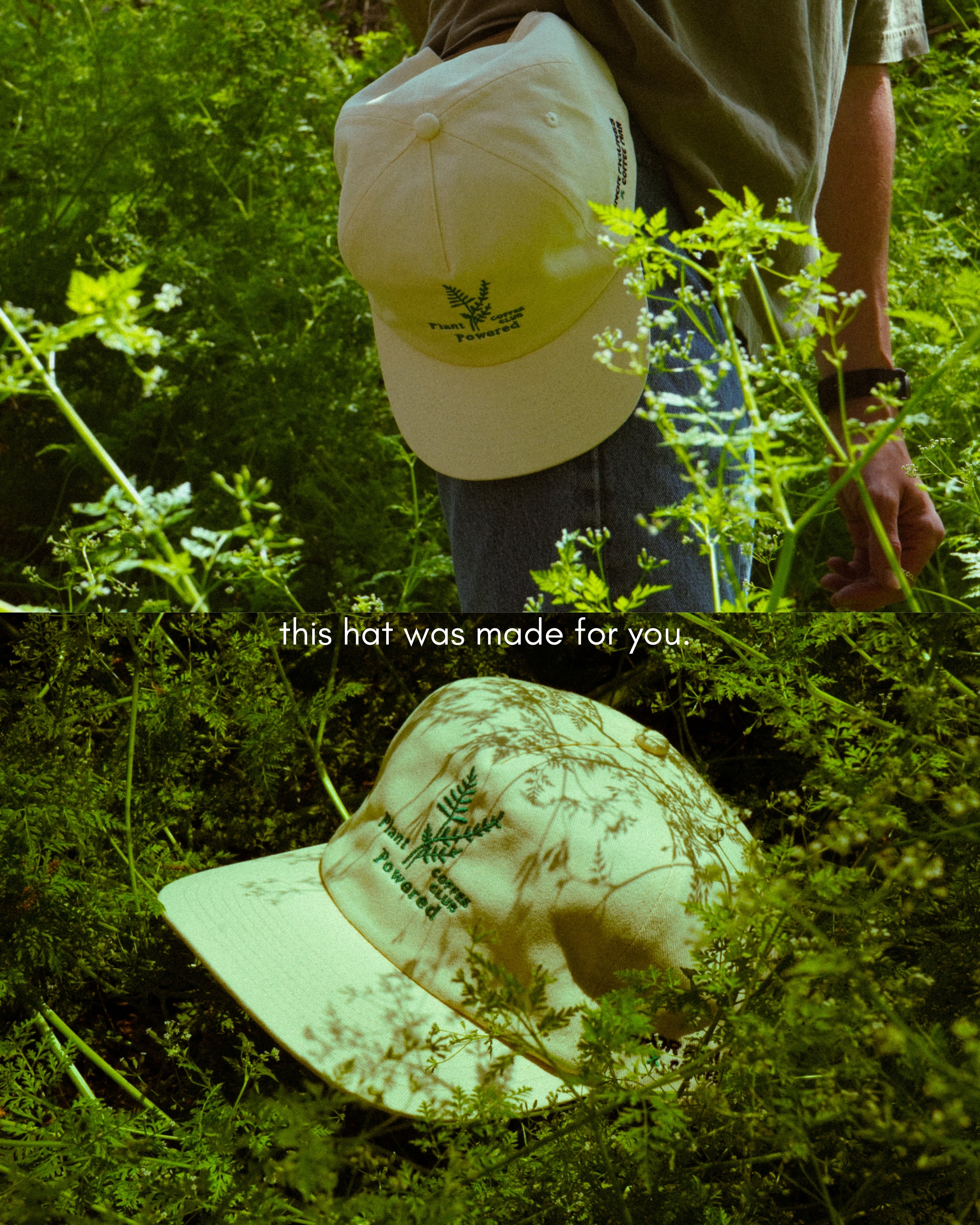eggshell colored 5-panel hat with green embroidery 