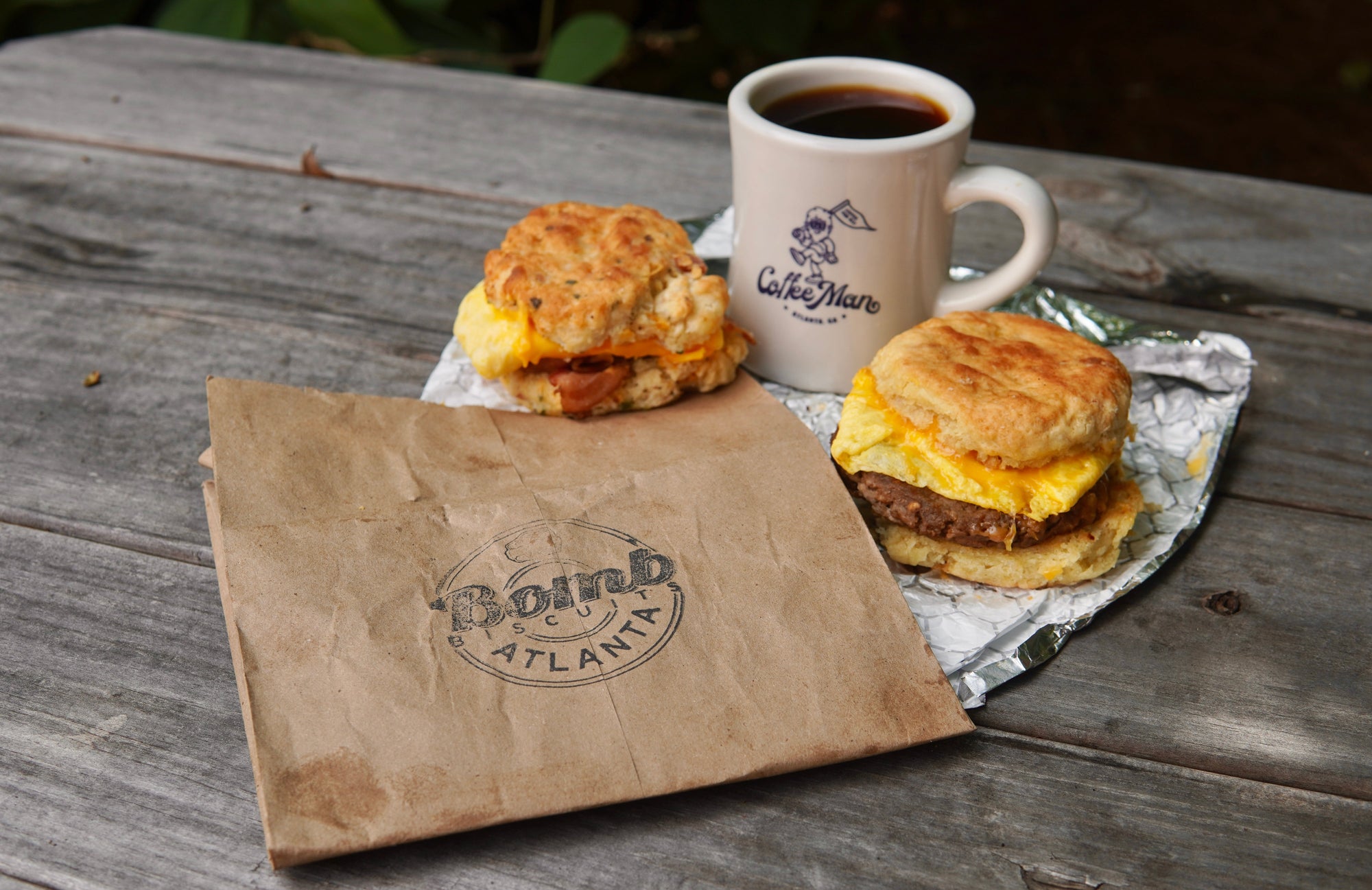 Breakfast Sandwich from Bomb Biscuit paired with Coffee Man Wholesale coffee