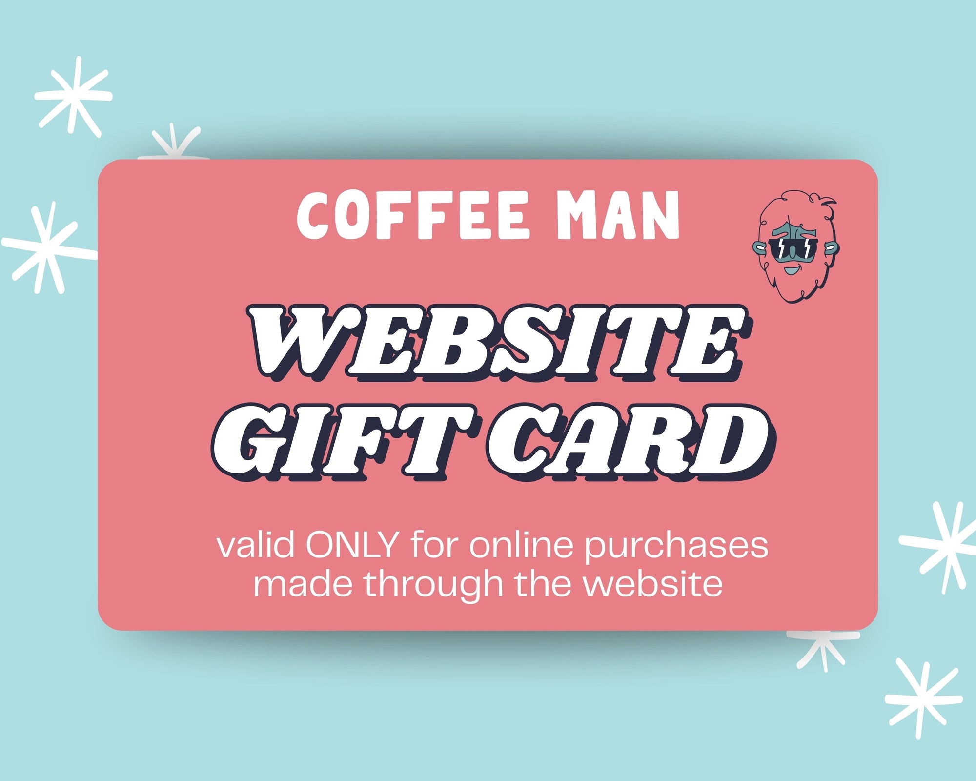 Gift card for Coffee Man with website branding on a light blue background