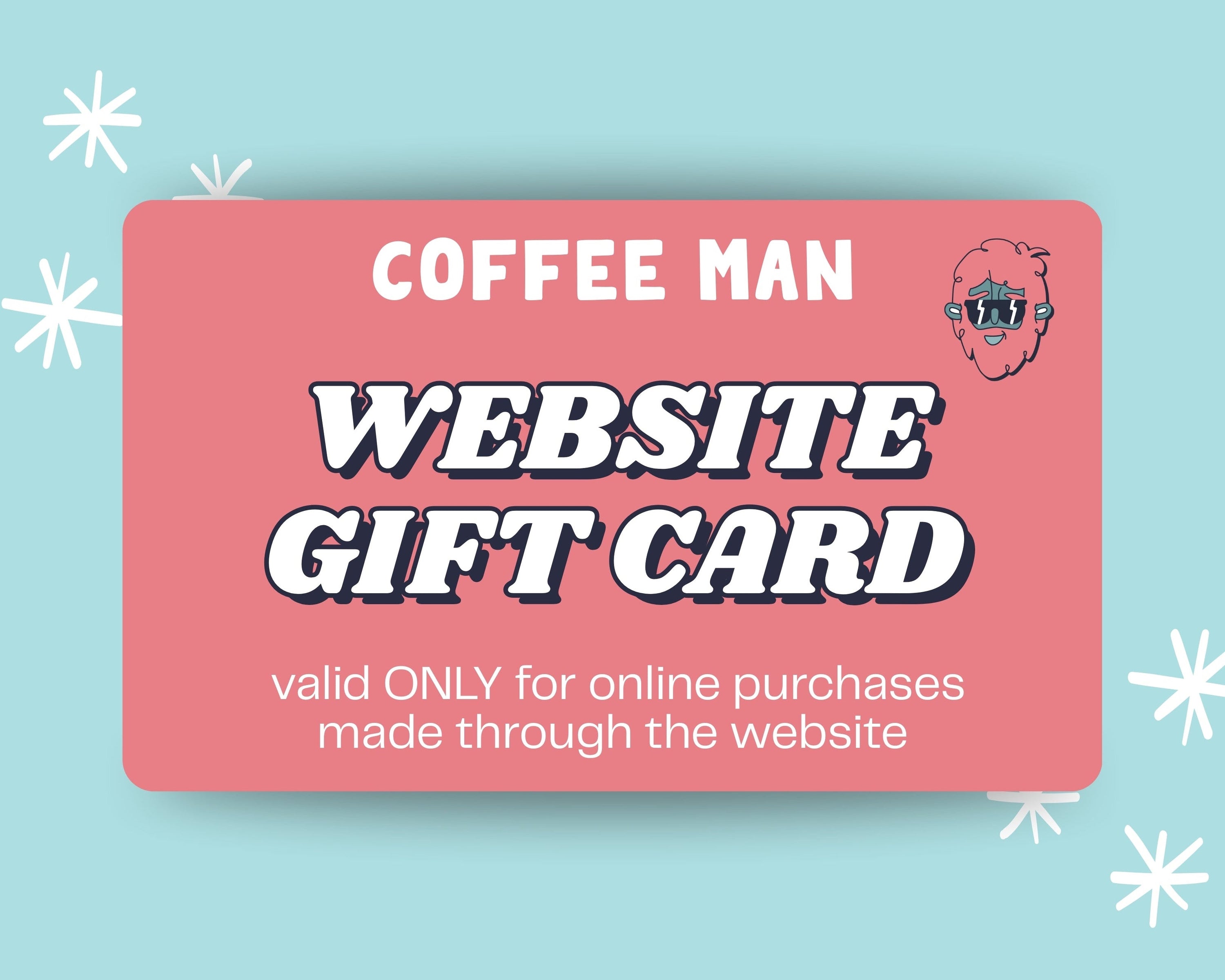 Gift card for Coffee Man with website branding on a light blue background